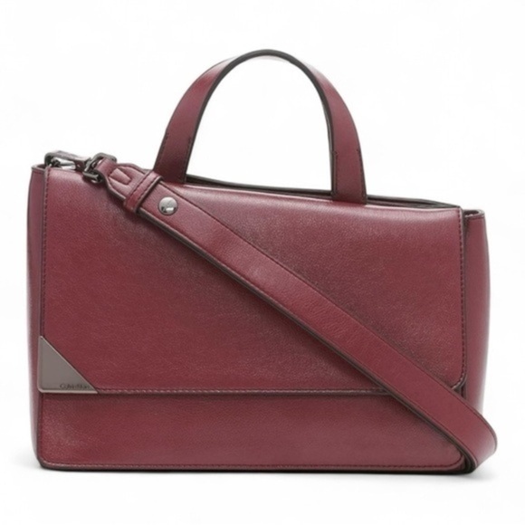 Calvin Klein Basalt Flap Top Handle Bag Satchel Burgundy Classic Pocketbook - Picture 1 of 8